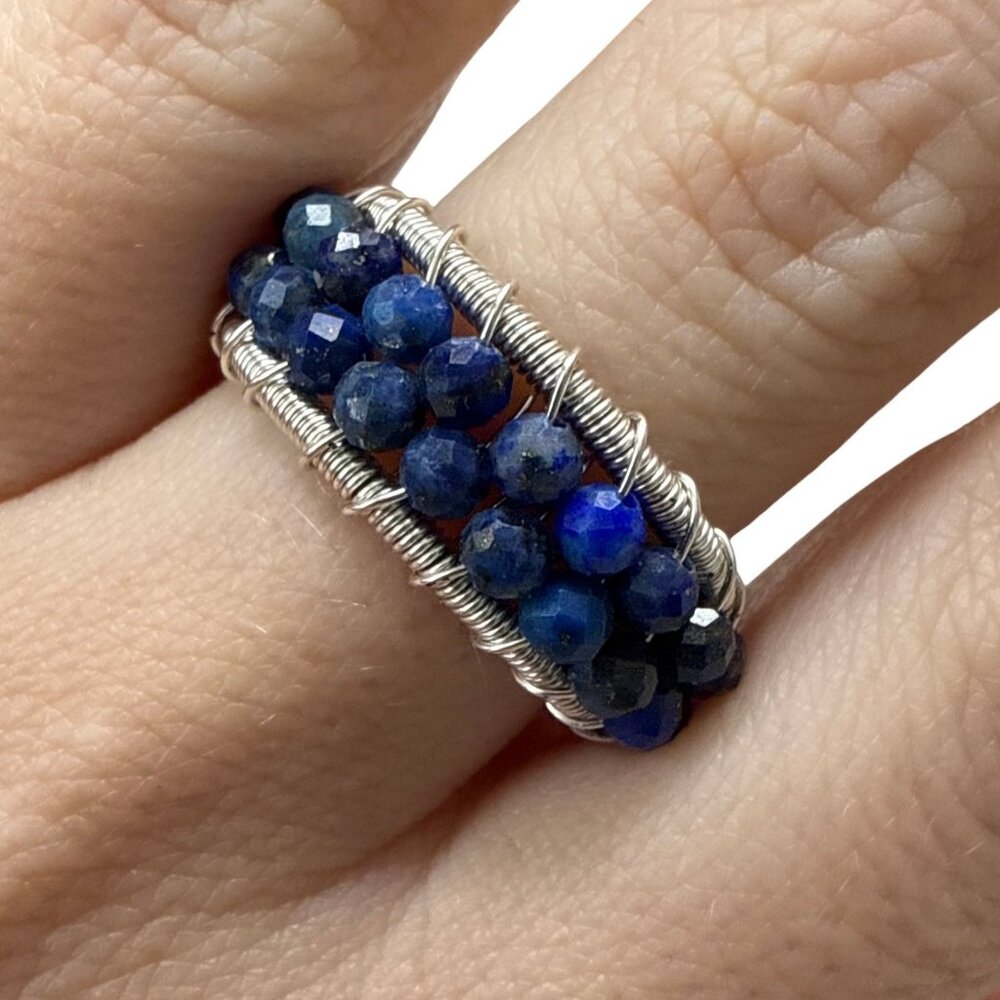 **SOLD**Lapis Lazuli Blue faceted beaded ring gemstone jewelry silver wire